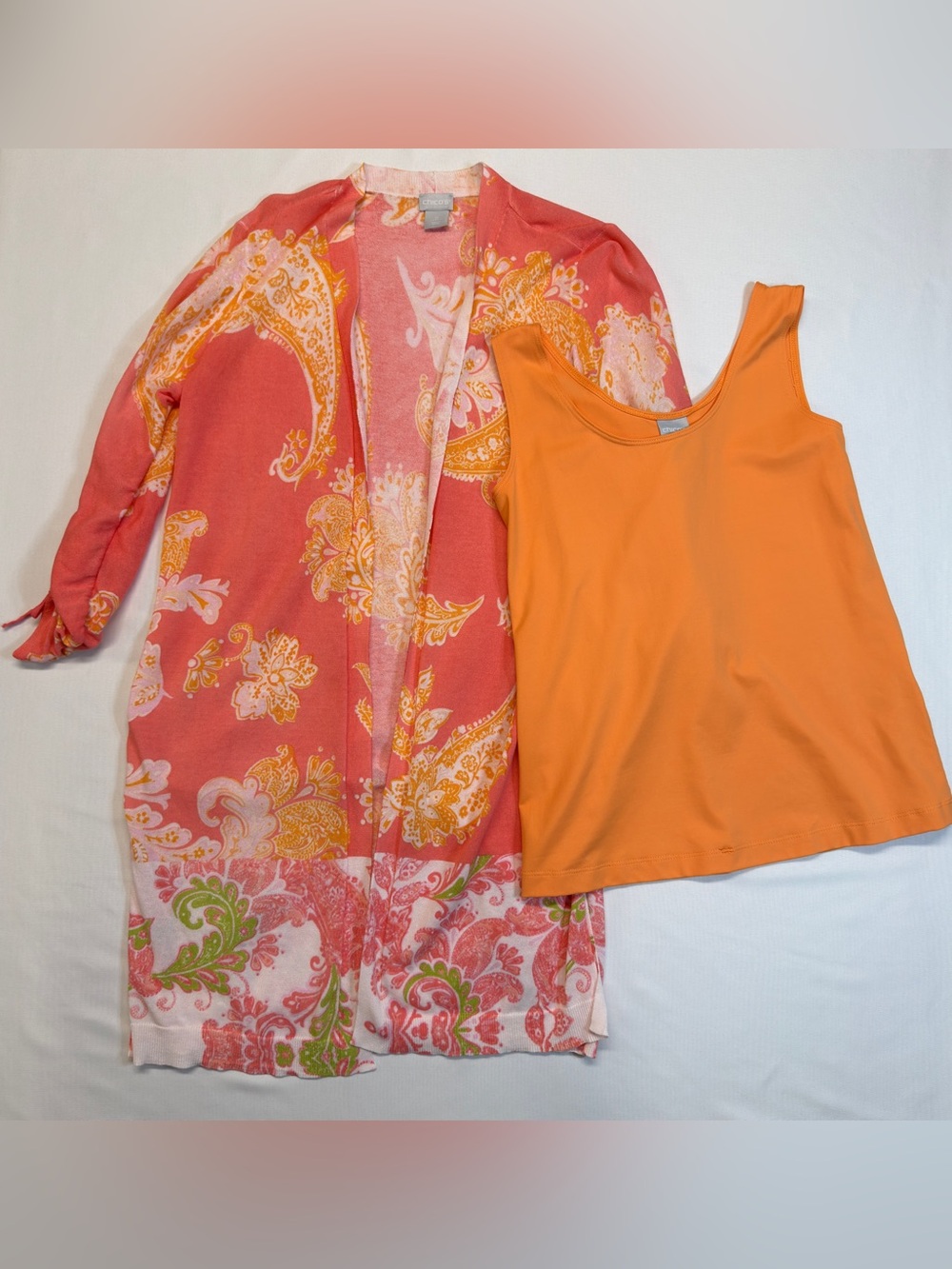 Chico's Vibrant Orange & Pink Paisley Cardigan and Tank Top Women's size 0